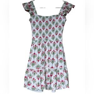 Rare Editions pink green white floral smocked tiered ruffle sleeve midi dress